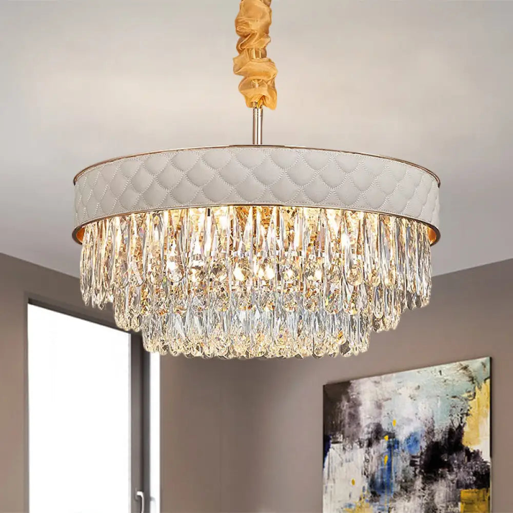 Contemporary Crystal Raindrops Chandelier - White 9/15 Heads Drum Ceiling Pendant (19.5’/23.5’