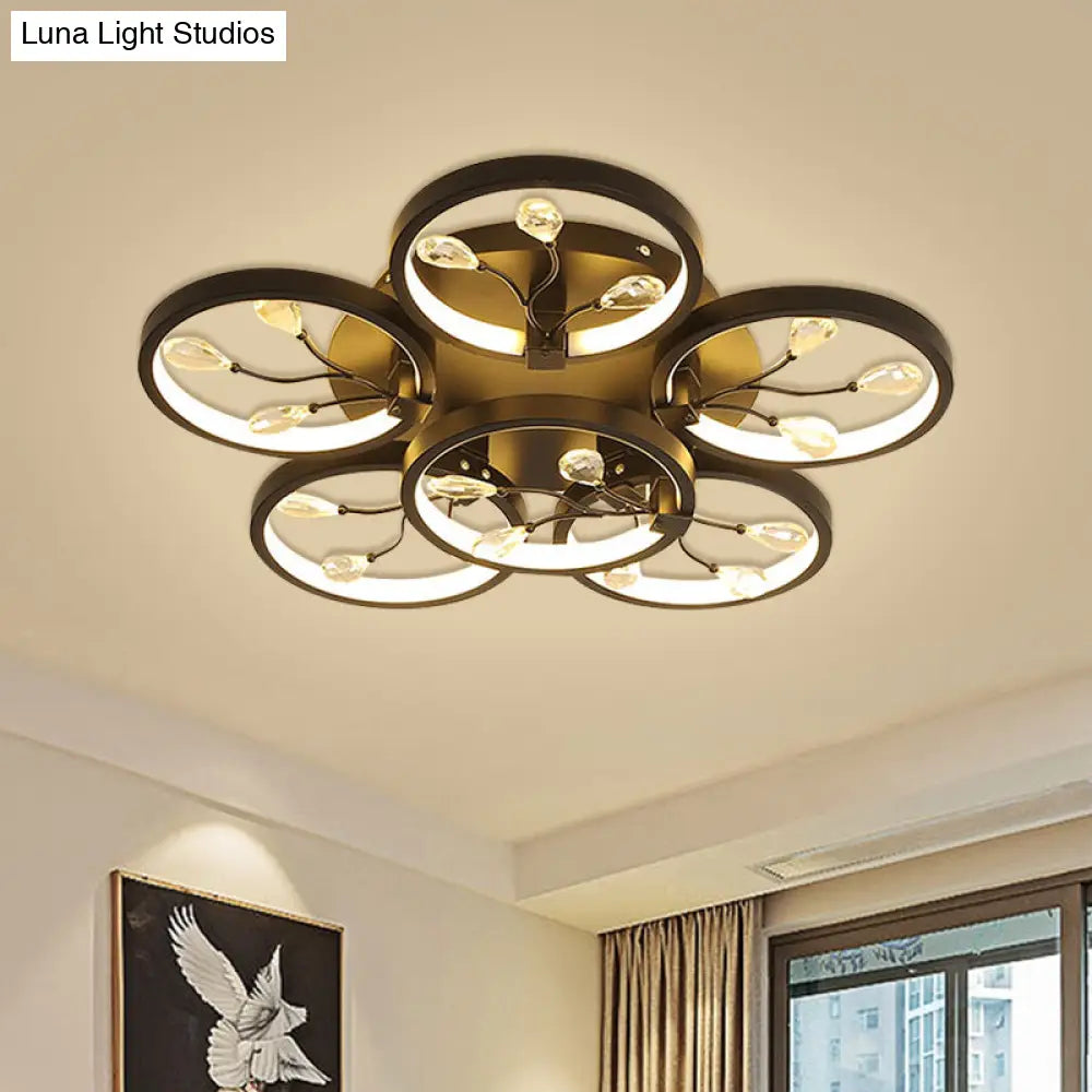 Contemporary Crystal Raindrops Semi Flush Light With Led Flower Design - Black/White Ceiling