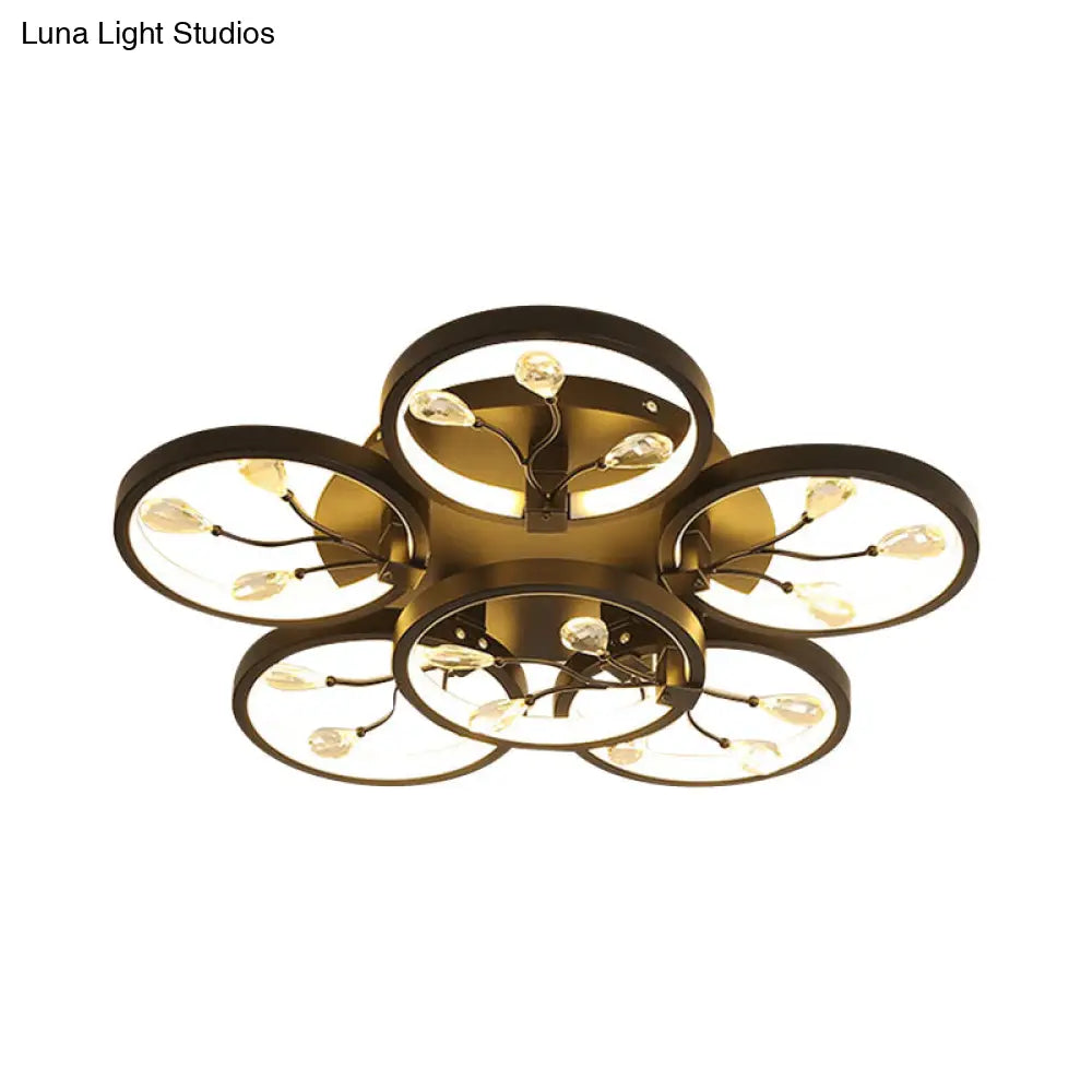 Contemporary Crystal Raindrops Semi Flush Light With Led Flower Design - Black/White Ceiling
