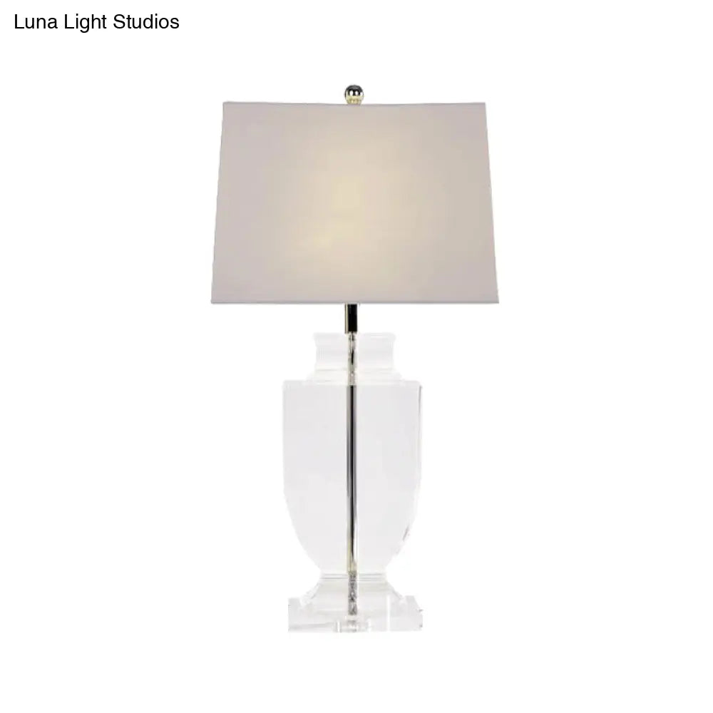 Contemporary Crystal Reading Light: Hand-Cut Urn Shape 1-Bulb Fabric Lamp For Nightstands In White