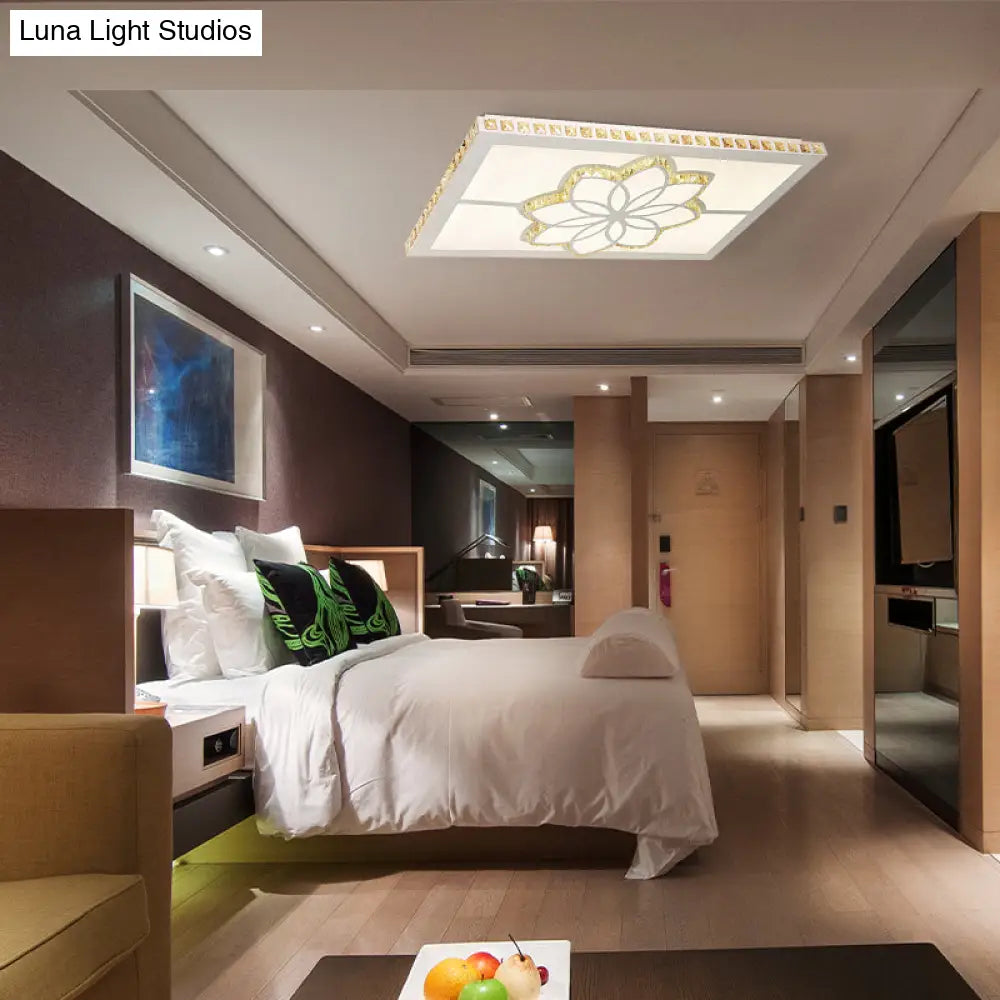 Contemporary Crystal Rectangle Ceiling Flush Mount With White Led Lighting For Living Room - Flower