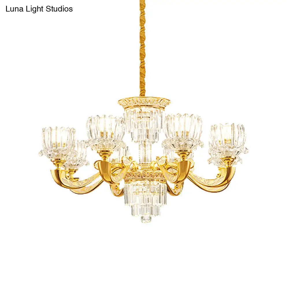 Contemporary Crystal Rectangle Chandelier - Gold Lotus Suspension Light With 6/8 Bulbs For Living
