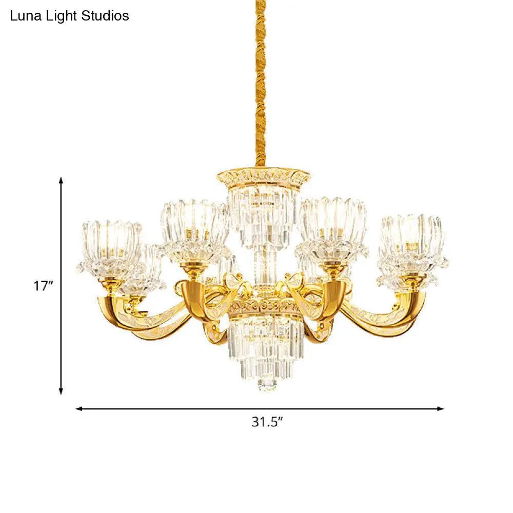 Contemporary Crystal Rectangle Chandelier - Gold Lotus Suspension Light With 6/8 Bulbs For Living