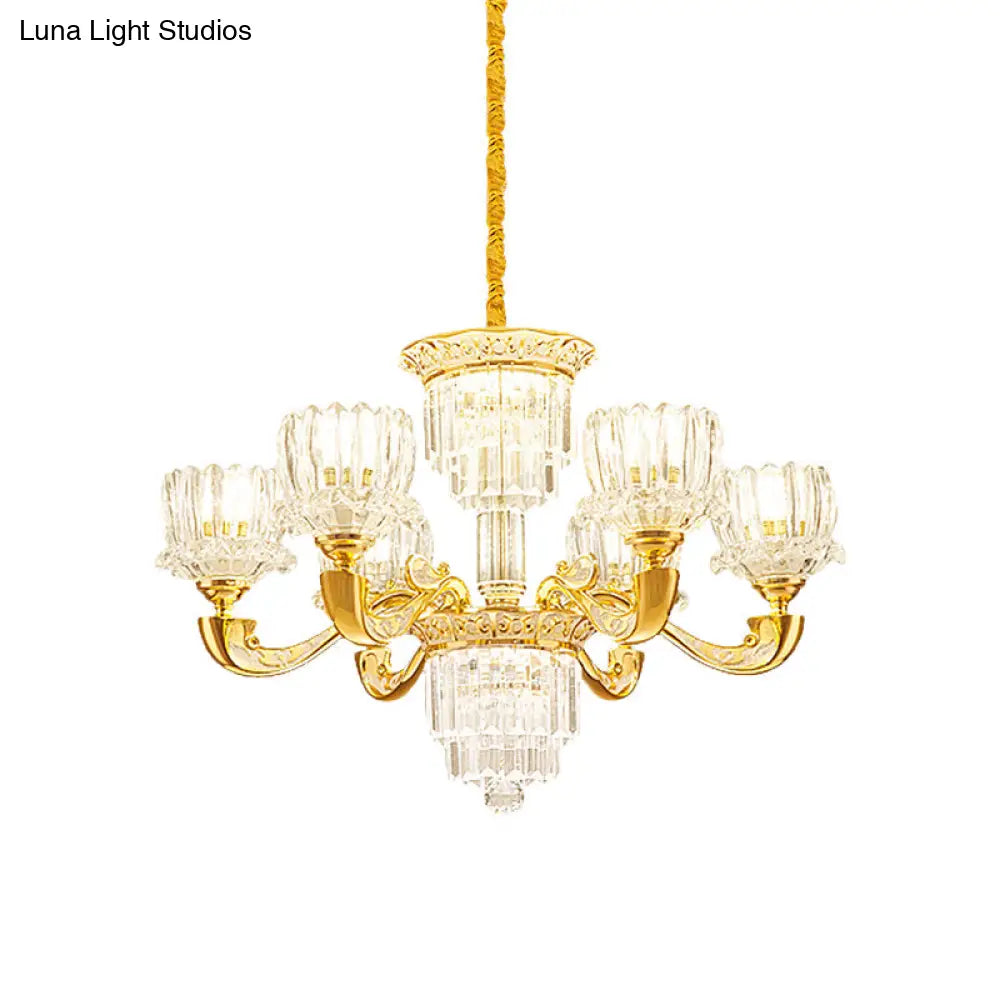 Contemporary Crystal Rectangle Chandelier - Gold Lotus Suspension Light With 6/8 Bulbs For Living