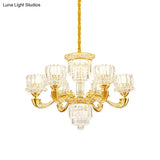 Contemporary Crystal Rectangle Chandelier - Gold Lotus Suspension Light With 6/8 Bulbs For Living