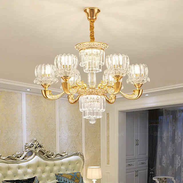 Contemporary Crystal Rectangle Chandelier - Gold Lotus Suspension Light With 6/8 Bulbs For Living