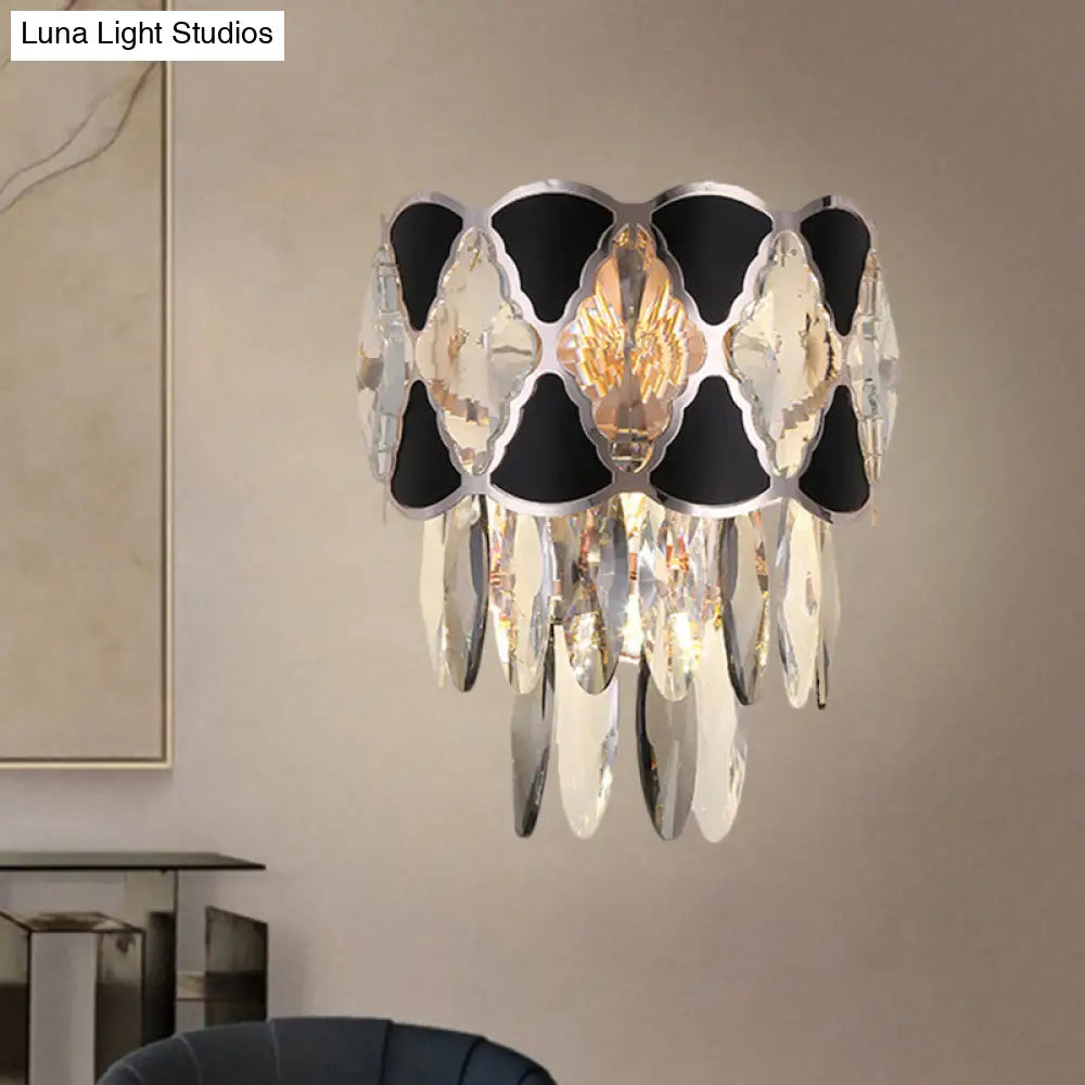 Contemporary Crystal Sconce With Clear Bulbs And Oval Drops