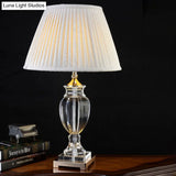 Contemporary Crystal Table Lamp - Beige Conical Desk Light With Fabric Shade