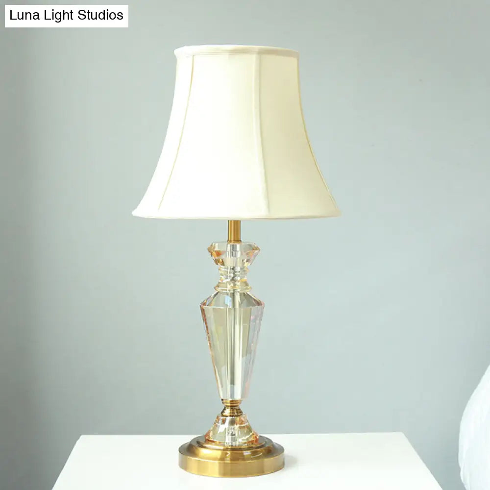 Contemporary Crystal Table Lamp: Panel Bell Style With Gold Finish And Round Pedestal