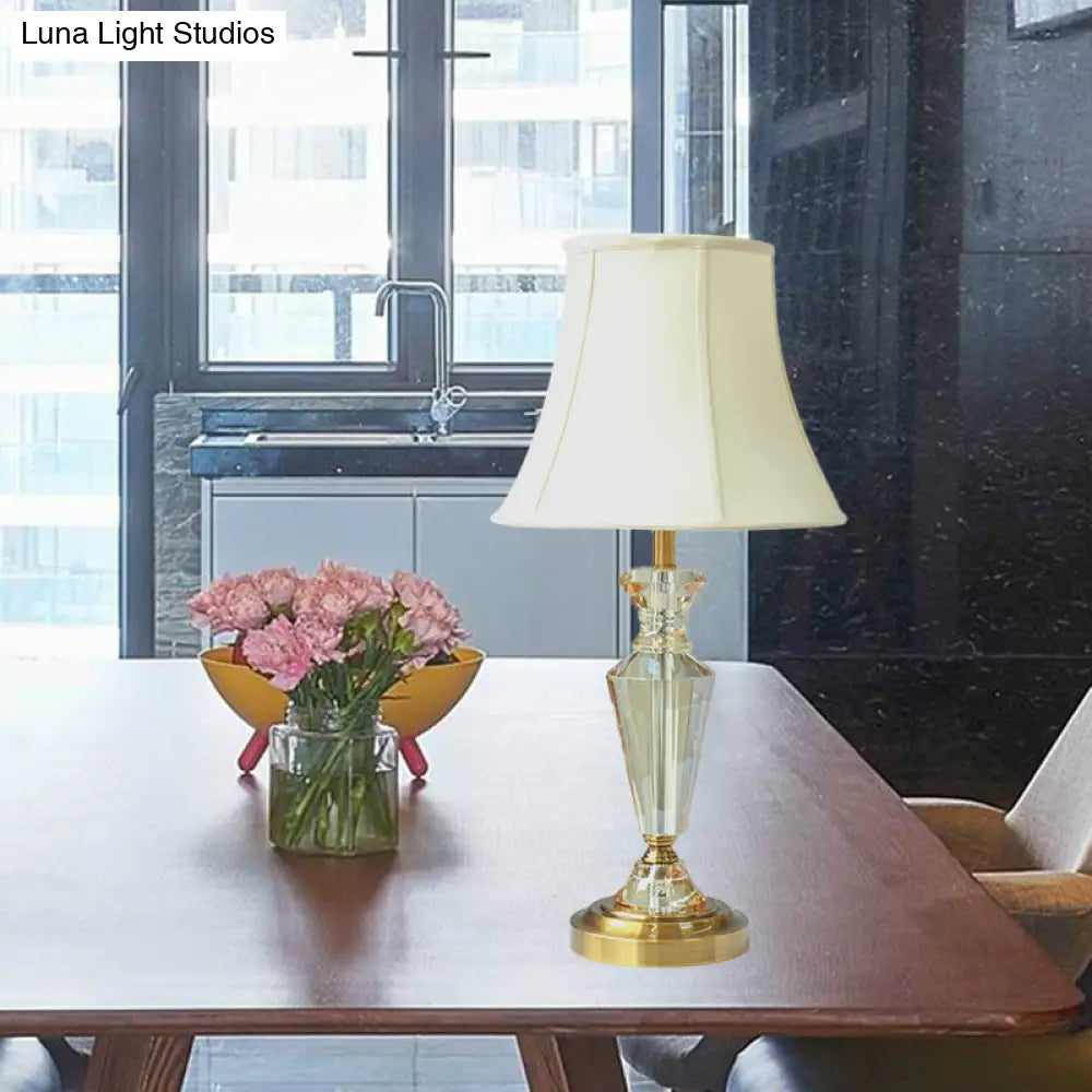 Contemporary Crystal Table Lamp: Panel Bell Style With Gold Finish And Round Pedestal