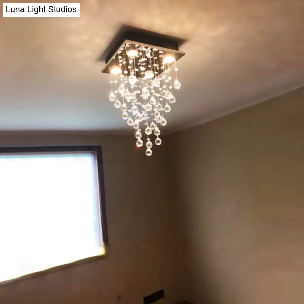 Contemporary Crystal Teardrop Flushmount With 4 Lights For Living Room In Nickel