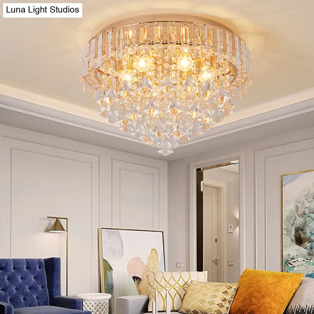 Contemporary Crystal Teardrops Flush Lamp - 5 Light Golden Ceiling Fixture For Living Room