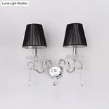 Contemporary Crystal Wall Sconce With Gathered Fabric Shade - 2 Bulb Light Fixture For Living Room
