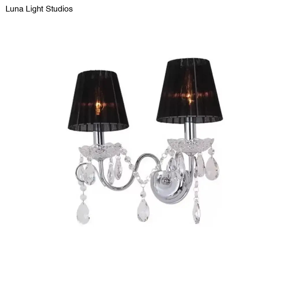 Contemporary Crystal Wall Sconce With Gathered Fabric Shade - 2 Bulb Light Fixture For Living Room