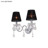 Contemporary Crystal Wall Sconce With Gathered Fabric Shade - 2 Bulb Light Fixture For Living Room