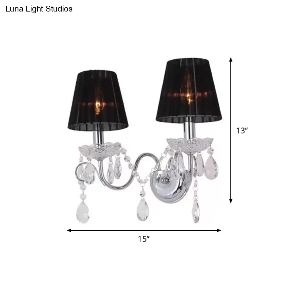 Contemporary Crystal Wall Sconce With Gathered Fabric Shade - 2 Bulb Light Fixture For Living Room