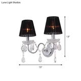 Contemporary Crystal Wall Sconce With Gathered Fabric Shade - 2 Bulb Light Fixture For Living Room