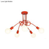Contemporary Curved Arm Metal Semi Flush Ceiling Lamp - Blue/Red (3/5 Lights)