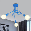 Contemporary Curved Arm Metal Semi Flush Ceiling Lamp - Blue/Red (3/5 Lights) 3 / Blue