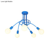 Contemporary Curved Arm Metal Semi Flush Ceiling Lamp - Blue/Red (3/5 Lights)