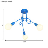 Contemporary Curved Arm Metal Semi Flush Ceiling Lamp - Blue/Red (3/5 Lights)