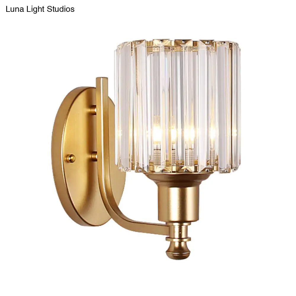 Contemporary Cylinder Crystal Wall Light With 1 Head Mounted On Bedroom - Black/Gold Curved Arm