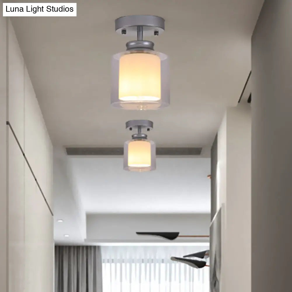 Contemporary Cylinder Semi Flush Ceiling Light With Glass Shade - Black/Silver/Gold Finish 1 Bulb