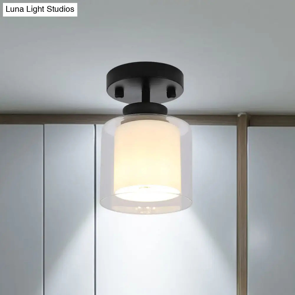 Contemporary Cylinder Semi Flush Ceiling Light With Glass Shade - Black/Silver/Gold Finish 1 Bulb