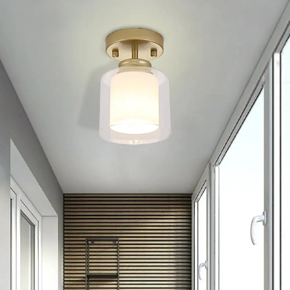 Contemporary Cylinder Semi Flush Ceiling Light With Glass Shade - Black/Silver/Gold Finish 1 Bulb