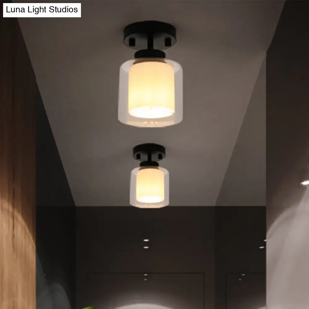 Contemporary Cylinder Semi Flush Ceiling Light With Glass Shade - Black/Silver/Gold Finish 1 Bulb