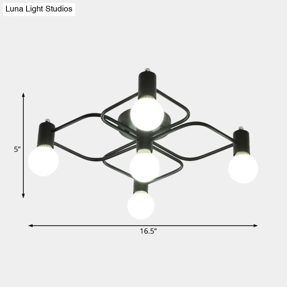 Contemporary Diamond/Rectangular Semi Flush Mount Light - 5/7/9 Lights White/Black Led Milk Glass