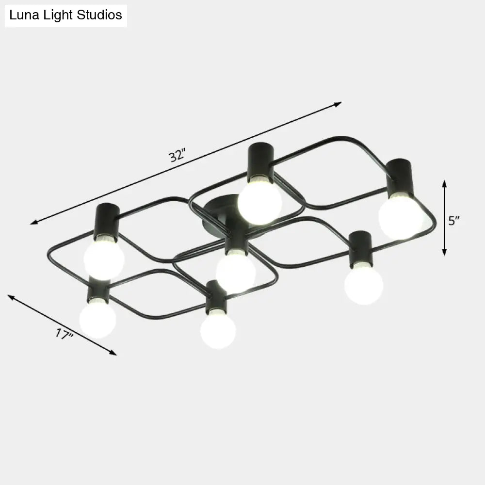 Contemporary Diamond/Rectangular Semi Flush Mount Light - 5/7/9 Lights White/Black Led Milk Glass