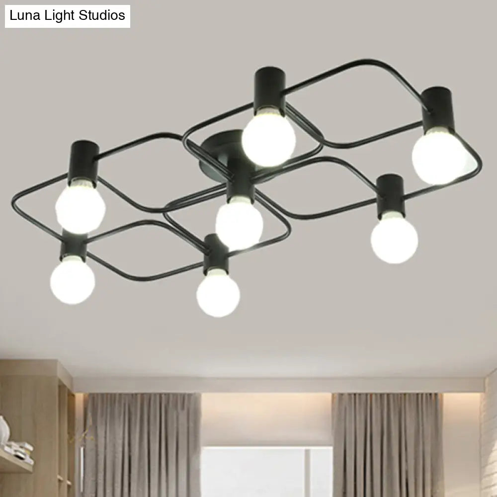 Contemporary Diamond/Rectangular Semi Flush Mount Light - 5/7/9 Lights White/Black Led Milk Glass