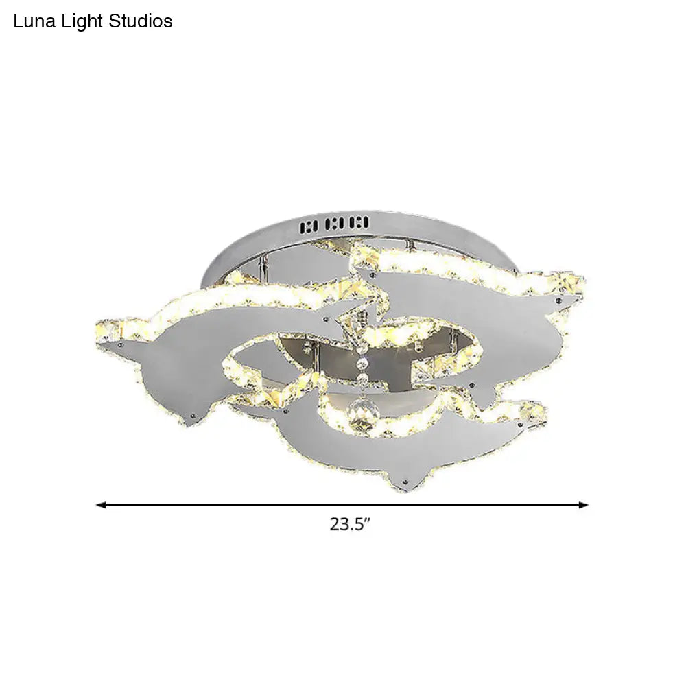 Contemporary Dolphin Semi Flush Mount Ceiling Light With Crystal And Metal Accents - 2/3 Heads In