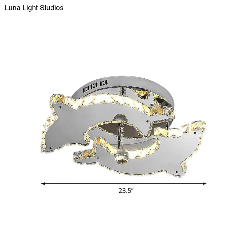 Contemporary Dolphin Semi Flush Mount Ceiling Light With Crystal And Metal Accents - 2/3 Heads In