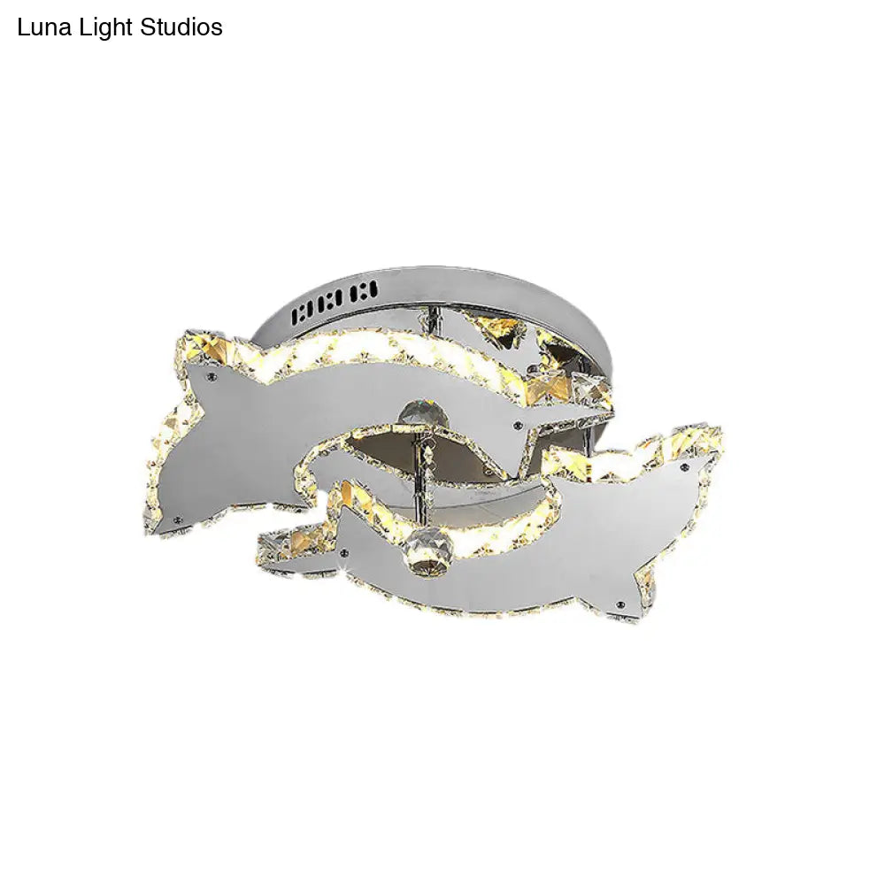 Contemporary Dolphin Semi Flush Mount Ceiling Light With Crystal And Metal Accents - 2/3 Heads In