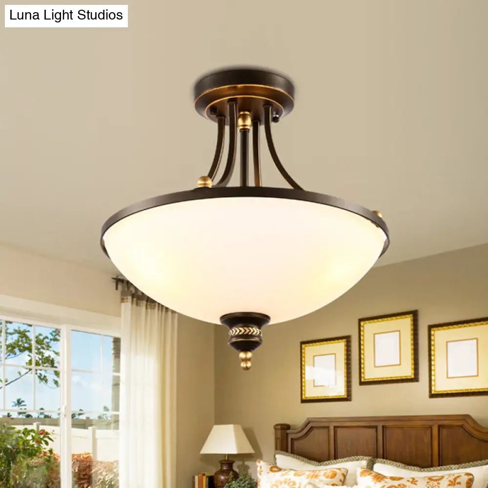 Contemporary Dome Ceiling Lamp With 3 Lights Opal Glass Semi Flush Mount Fixture For Bedroom - Black