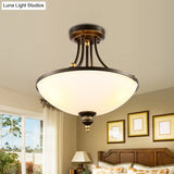 Contemporary Dome Ceiling Lamp With 3 Lights Opal Glass Semi Flush Mount Fixture For Bedroom - Black