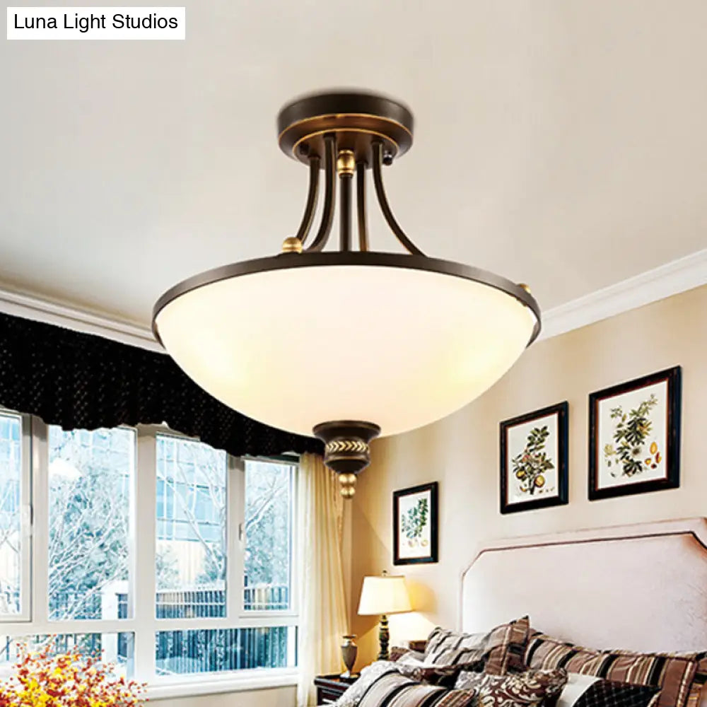 Contemporary Dome Ceiling Lamp With 3 Lights Opal Glass Semi Flush Mount Fixture For Bedroom - Black