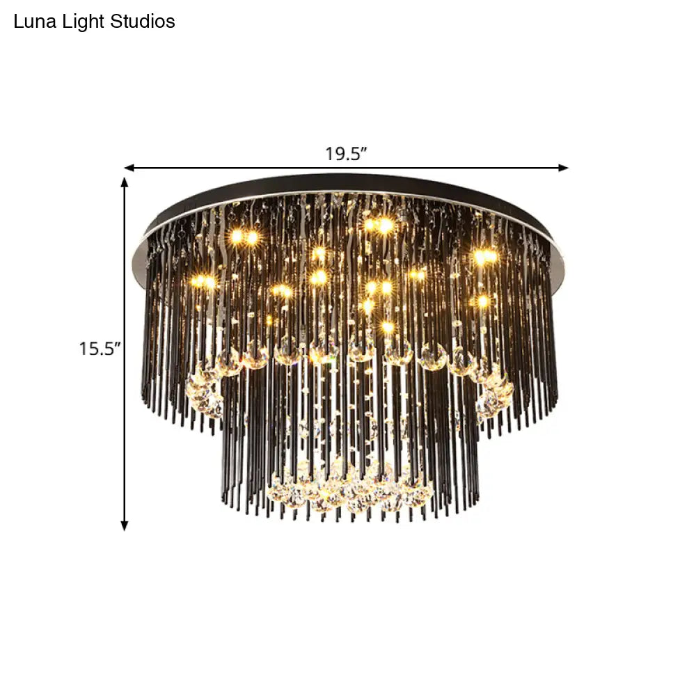 Contemporary Dual - Tiered Led Ceiling Flush Mount Light Fixture In Sleek Black - Crystal Orbs