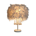 Contemporary Feather Round Night Stand Lamp With Crystal Drop And White/Chrome Base -