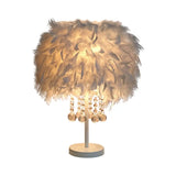 Contemporary Feather Round Night Stand Lamp With Crystal Drop And White/Chrome Base -