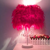 Contemporary Feather Round Night Stand Lamp With Crystal Drop And White/Chrome Base -