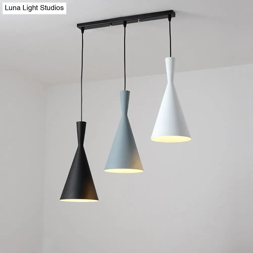 Contemporary Flared Metallic Pendant Light - 3-Head Black Hanging Lamp With Round/Rectangle Canopy