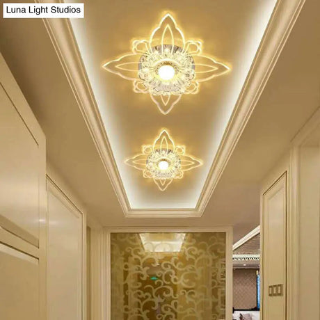 Contemporary Floral Crystal Led Flushmount Ceiling Light - Clear Perfect For Hallways