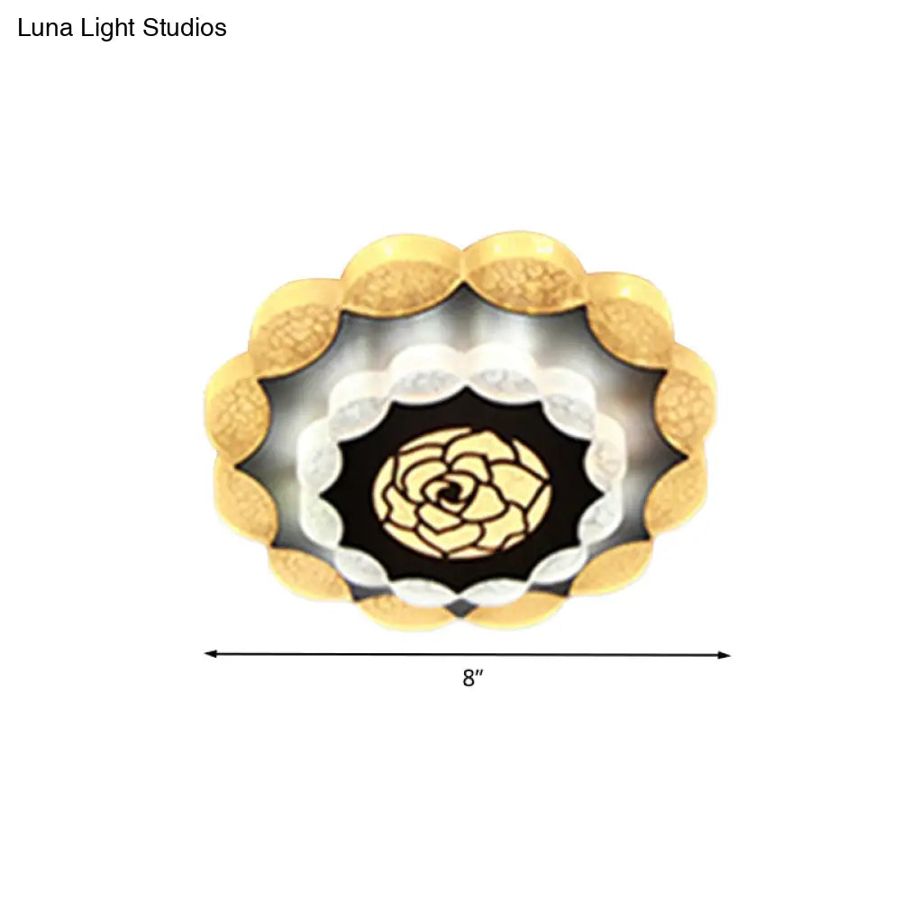 Contemporary Floral Flush Mount Led Lamp With Acrylic White - Black Finish And Rose Pattern