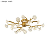 Contemporary Floral Semi Flushmount Ceiling Lamp In Brass - 24 - Light Metallic Flush For Bedroom