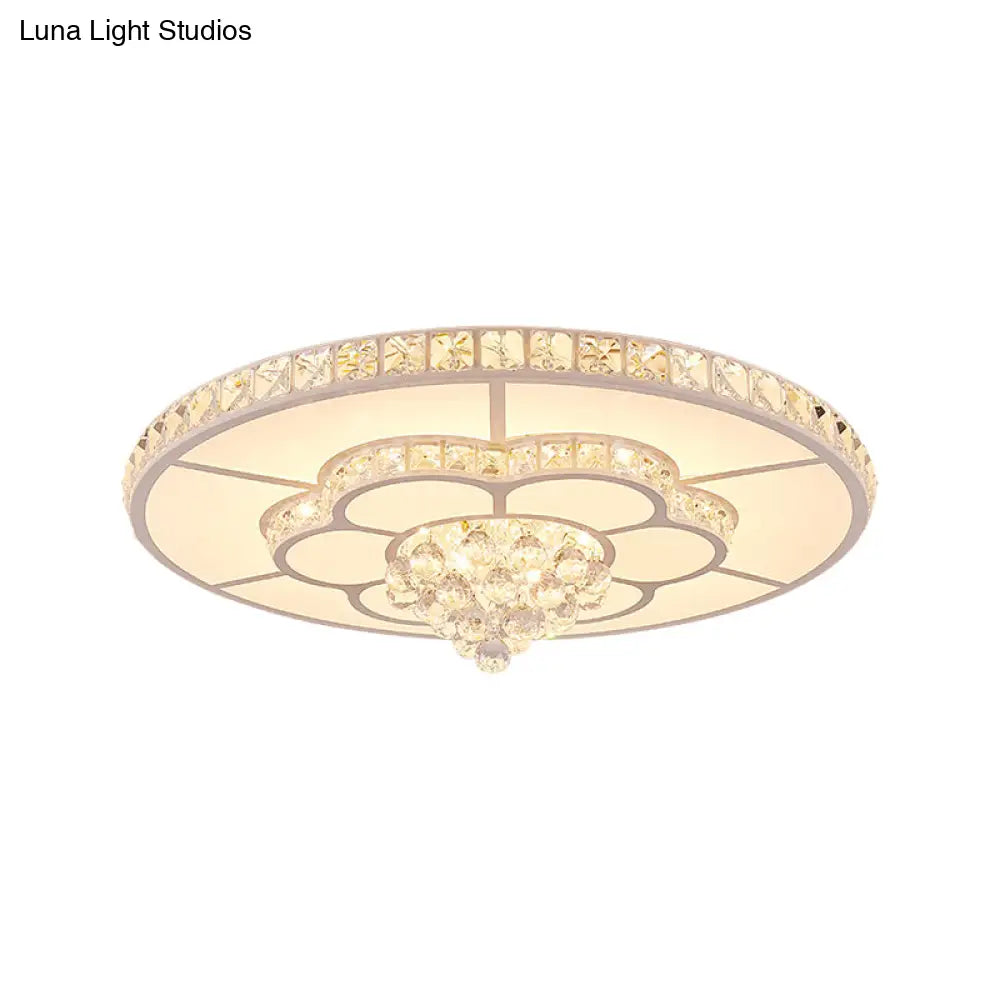 Contemporary Flower Led Ceiling Lamp With Faceted Crystal Flush Mount In White - 19.5’/23.5’ Wide