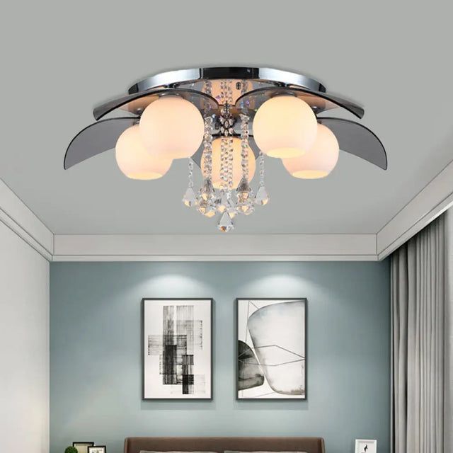 Contemporary Flush Mount Lamp With Milkglass Crystal Strand & Leaf Decor - 5 Lights Ideal For