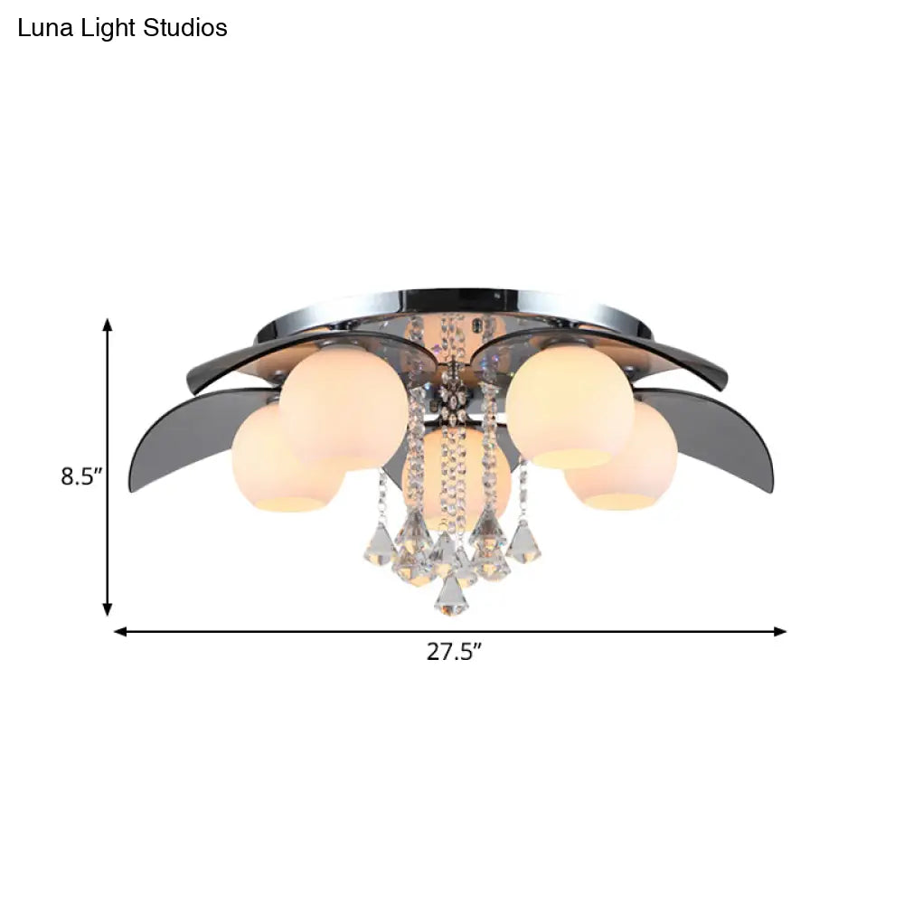 Contemporary Flush Mount Lamp With Milkglass Crystal Strand & Leaf Decor - 5 Lights Ideal For